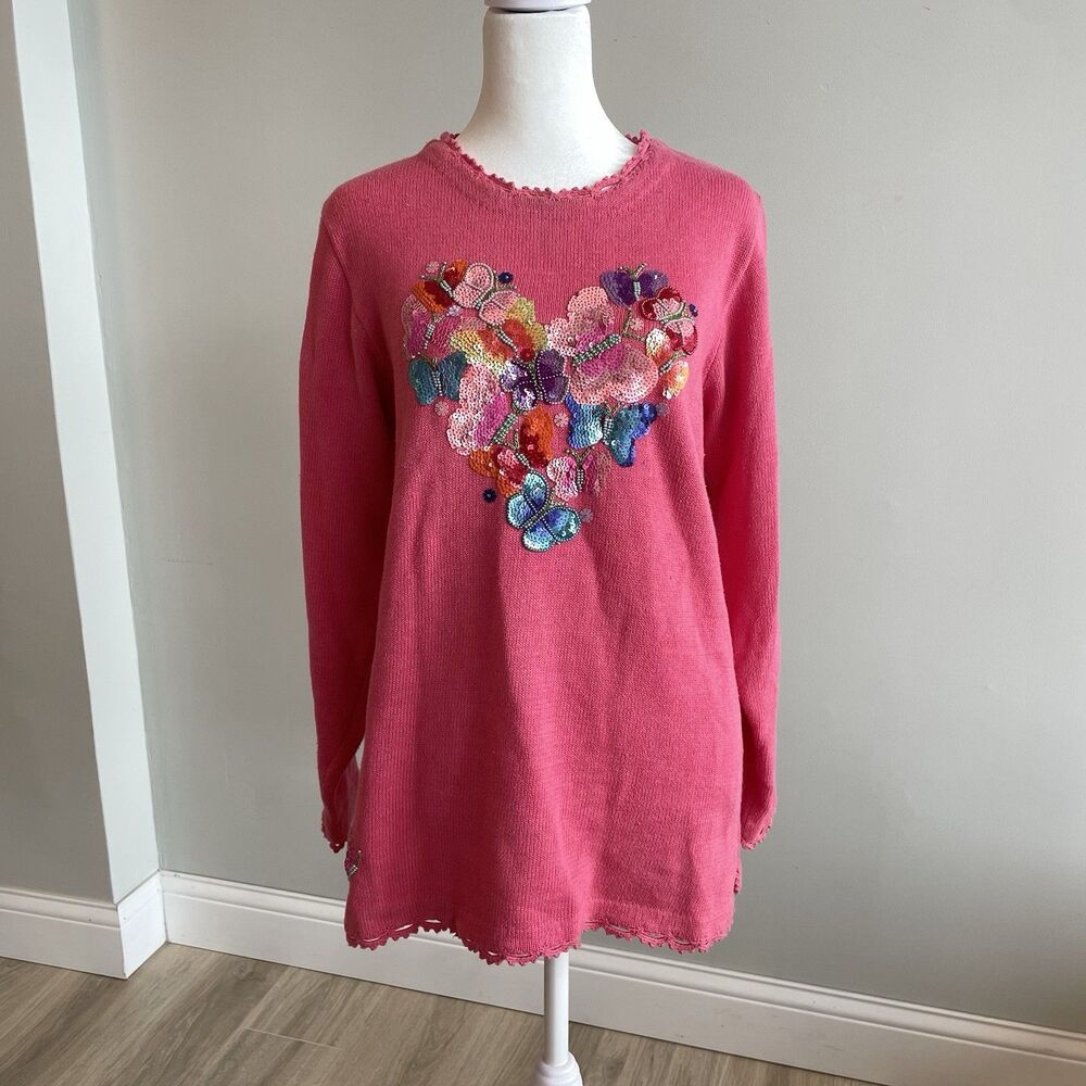 Women’s Sm Quacker Factory VTG Sequins Butterfly Heart Sweater Pink Valentine’s